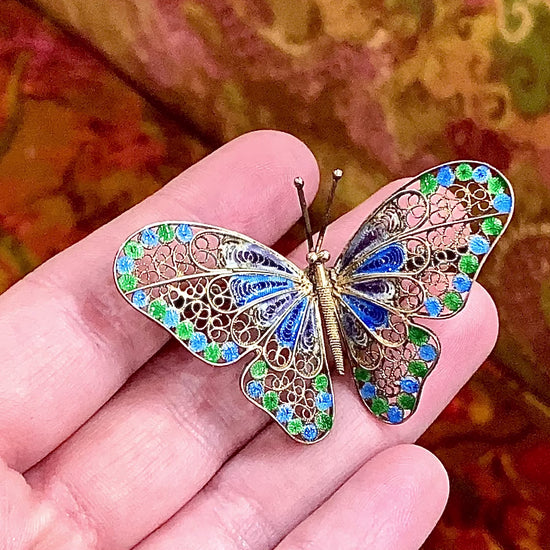 Vintage Enameled 800 Silver Blue Green Filigree Butterfly Brooch Pin
