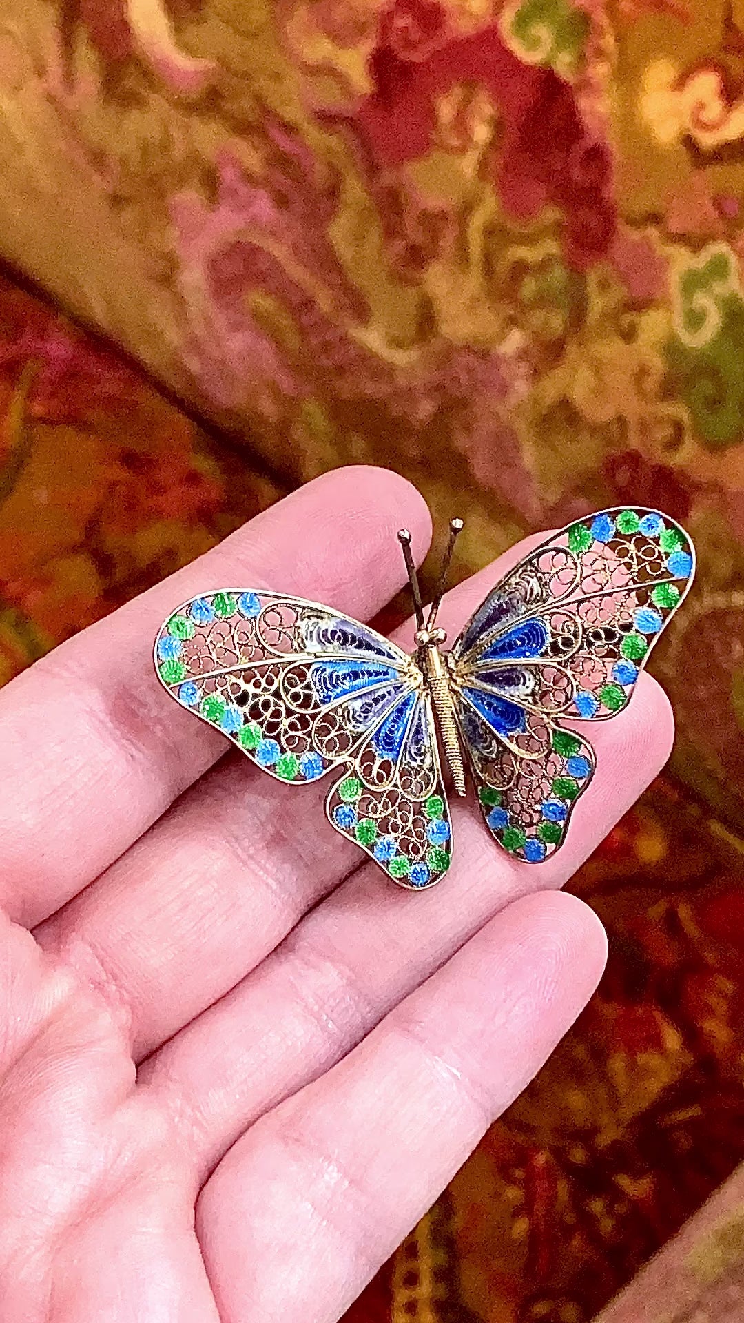 Vintage Enameled 800 Silver Blue Green Filigree Butterfly Brooch Pin
