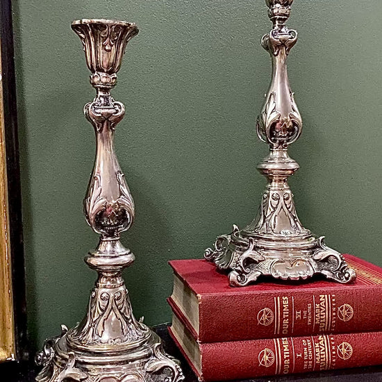 Antique 19th Century Polish Silver Plated Ornate Shabbat Candlesticks