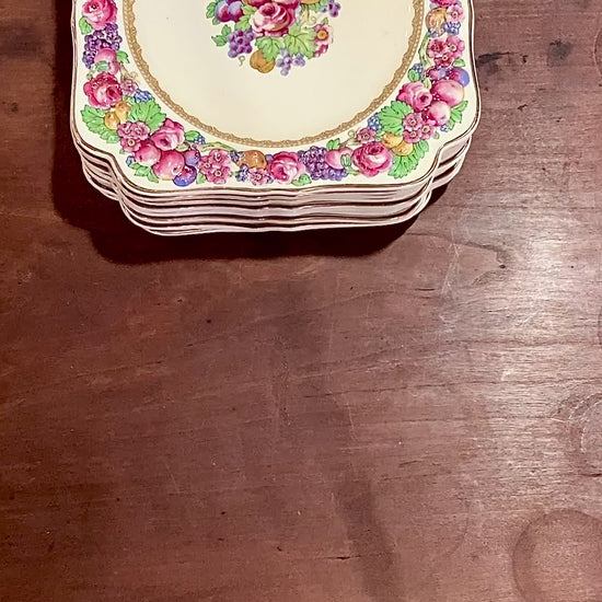 Set of Ten Vintage Crown Ducal Fruit and Flower Motif Square Florentine Dessert Salad Plates