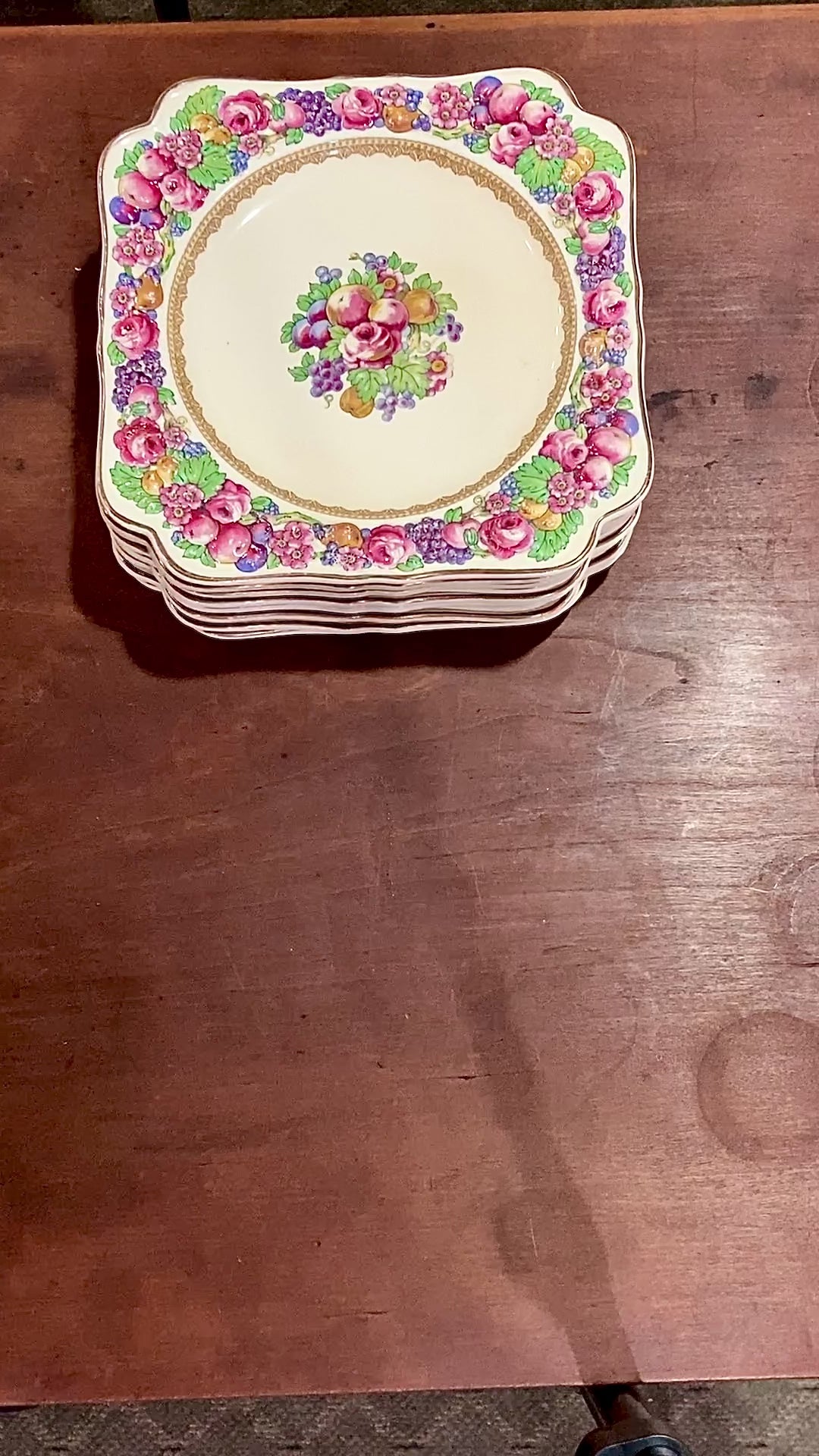 Set of Ten Vintage Crown Ducal Fruit and Flower Motif Square Florentine Dessert Salad Plates
