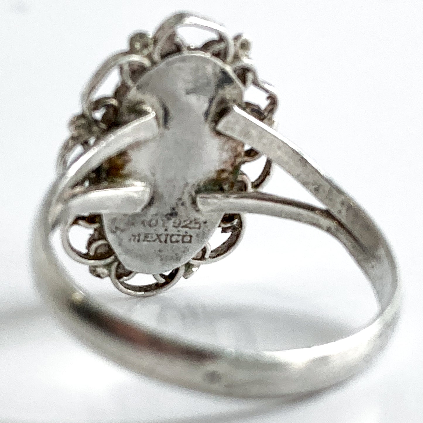 Vintage Mexico Sterling Silver Oval Faux Tiger Eye Wood Filigree Ring Markings