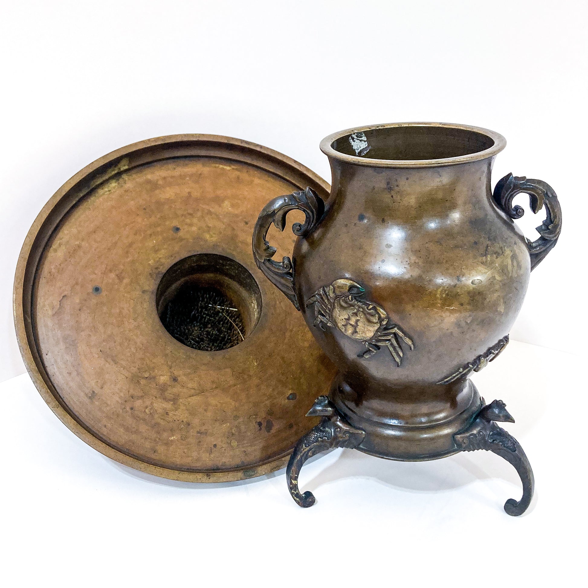 Antique Japanese Yoshimasa Bronze Crab Ocean Motif Ikebana Vase Two Parts