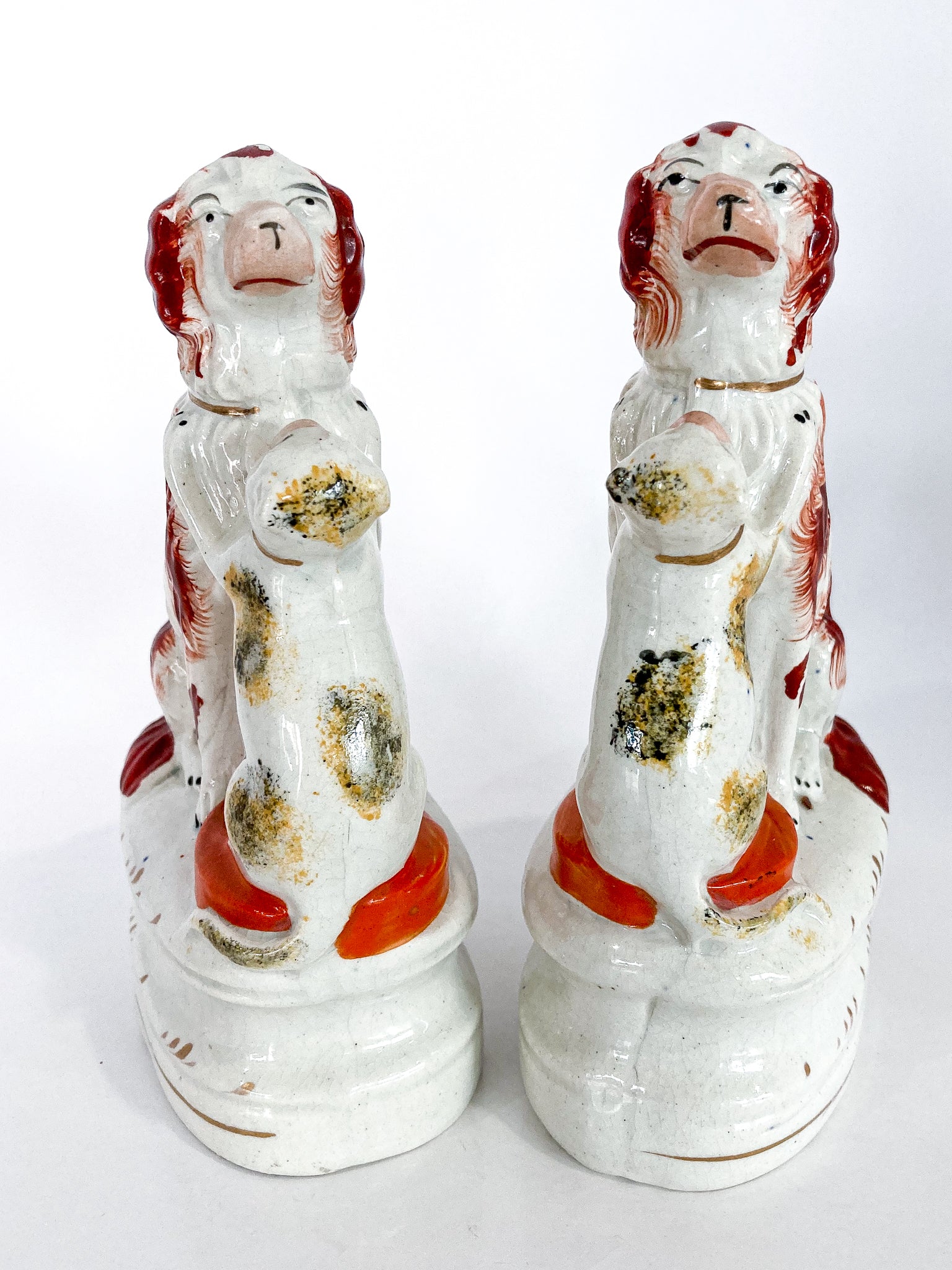 Antique Pair Rare Staffordshire Cat and Spaniel Dog Porcelain Figurines Front