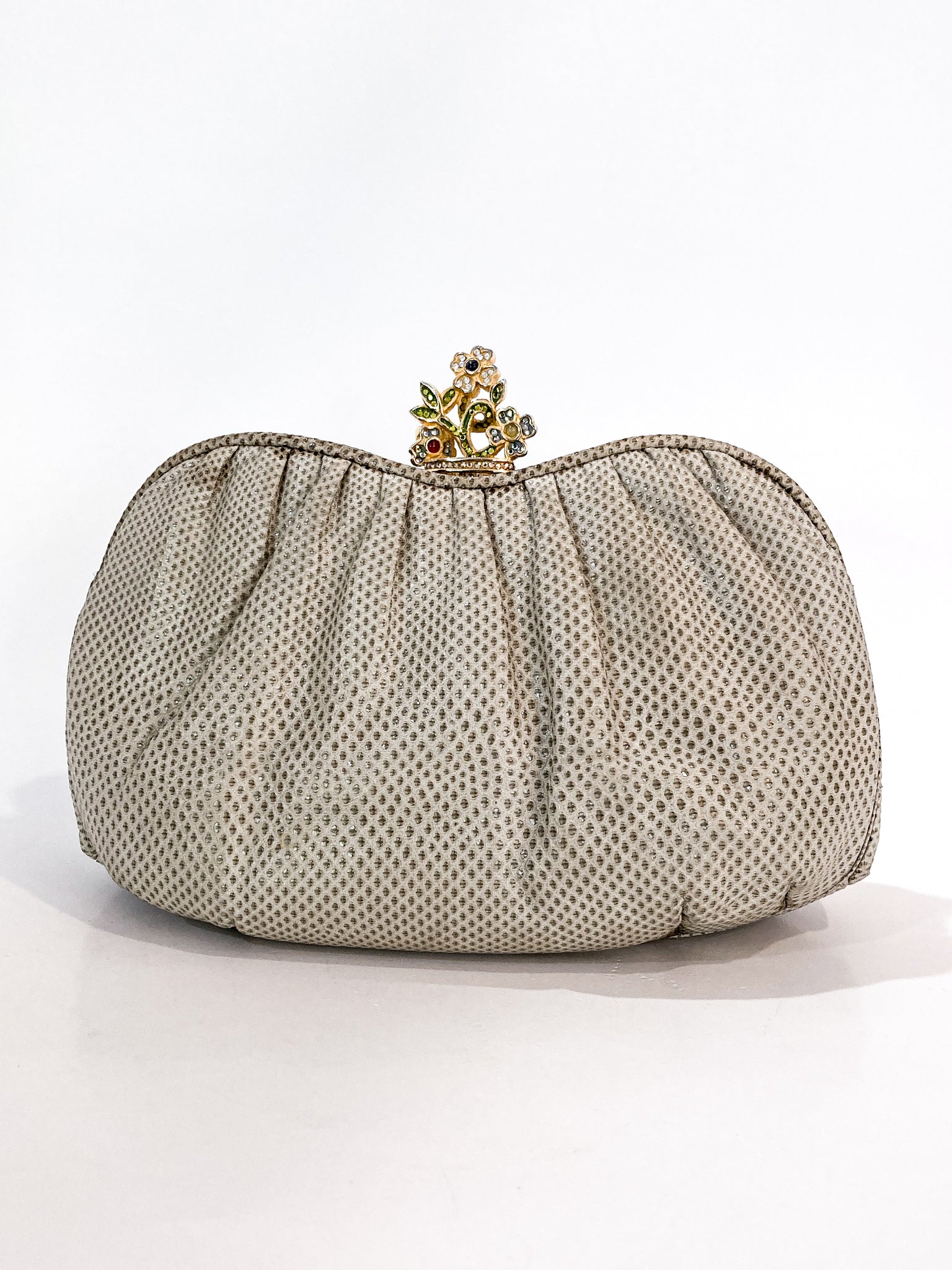 Vintage Judith Leiber Champagne Snakeskin Floral Clasp Crossbody Clutch Bag Side 1