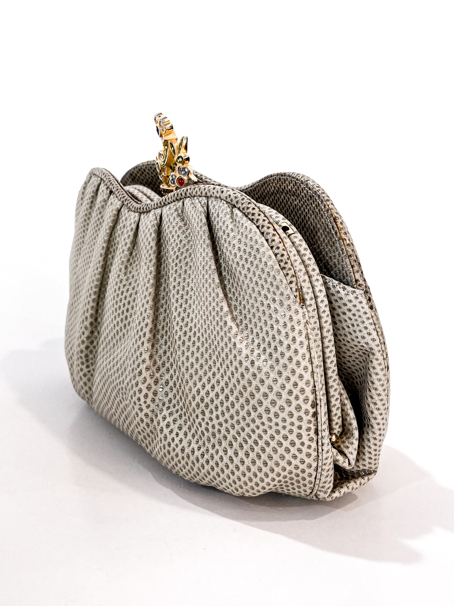 Vintage Judith Leiber Champagne Snakeskin Floral Clasp Crossbody Clutch Bag Slight ngle 2