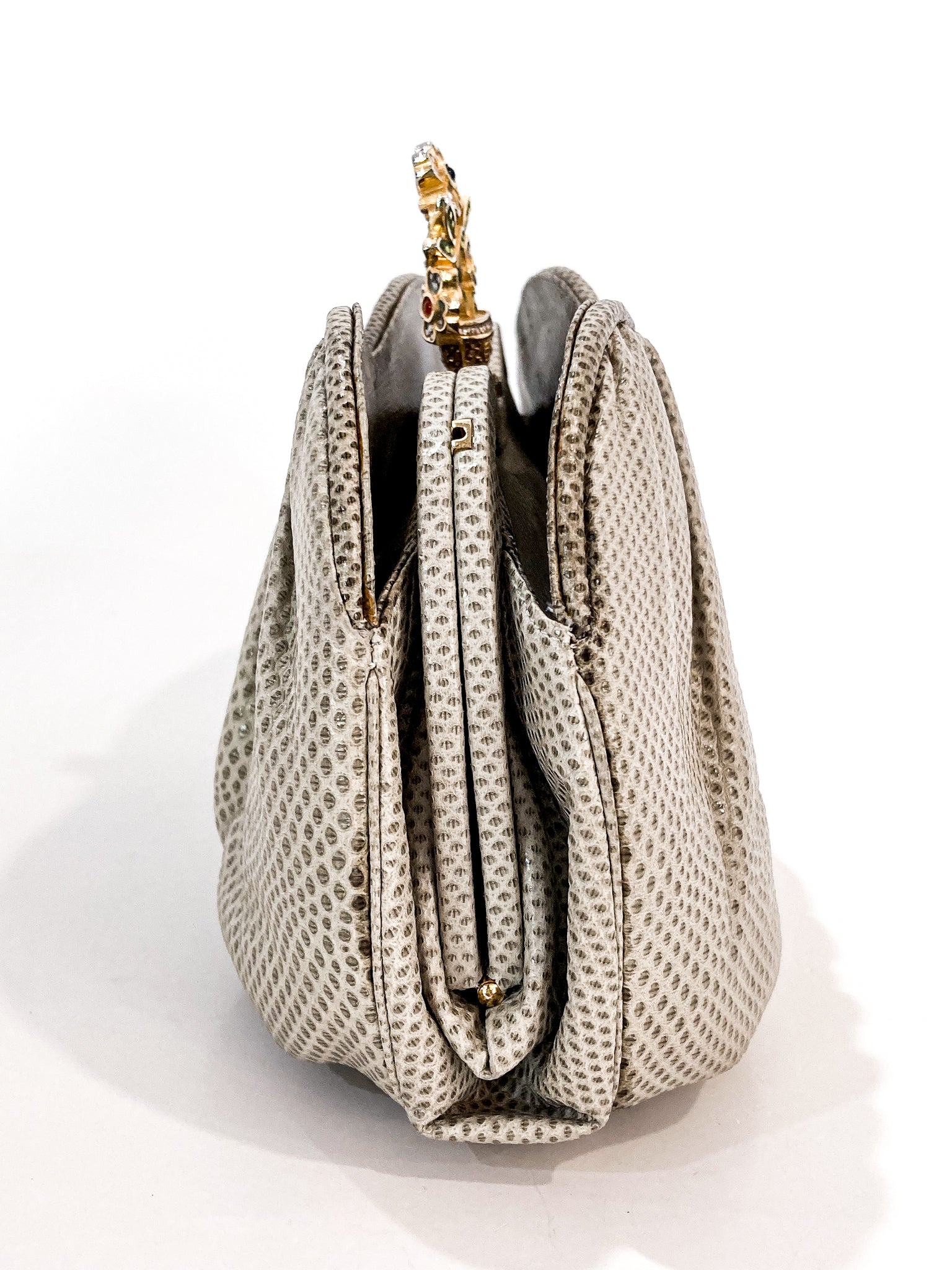 Vintage Judith Leiber Champagne Snakeskin Floral Clasp Crossbody Clutch Bag Side