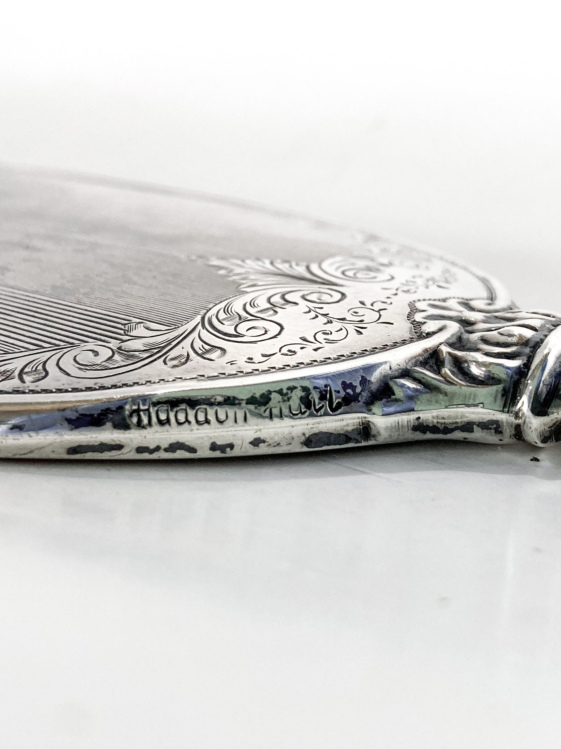 Vintage Engraved Sterling Silver Haddon Hall Elongated Vanity Hand Mirror Haddon Marking Close Up